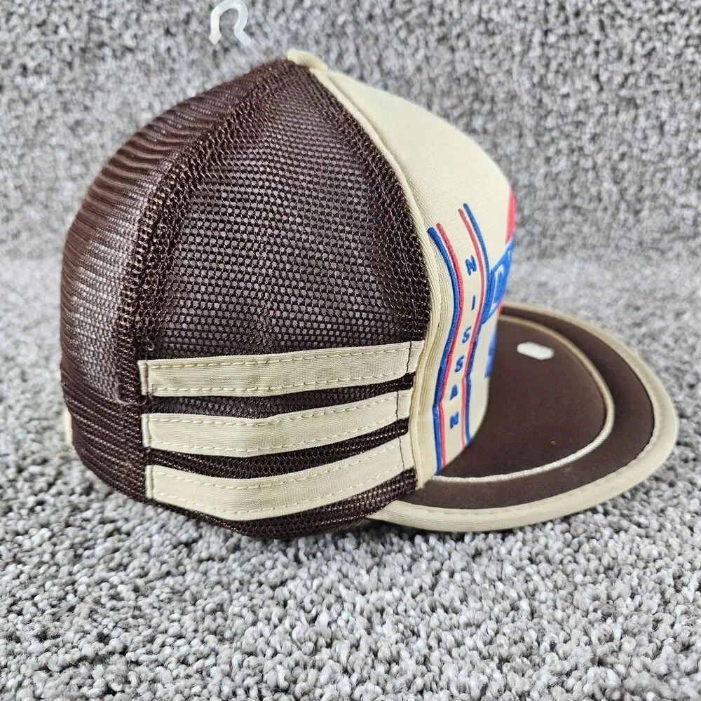 Vintage Datsun Trucker Hat Cap Snap Back 3 Stripe Mesh 280ZX Brown Tuner JDM 80s